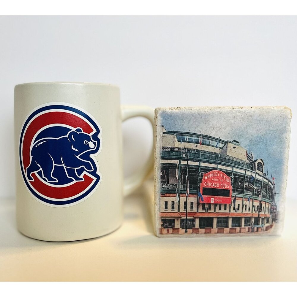 Chicago Cubs Ceramic Mug & Wrigley Field Travertine Stone Coaster With Cork Back